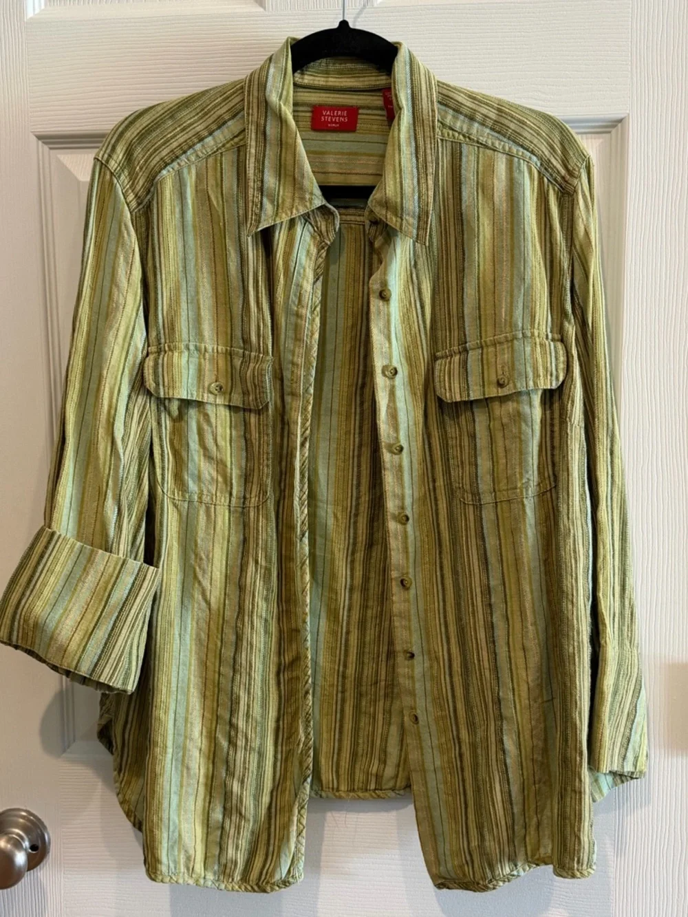 100% Linen Valerie Stevens Olive and Tan Striped Button-Down Shirt - Picture 2 of 6